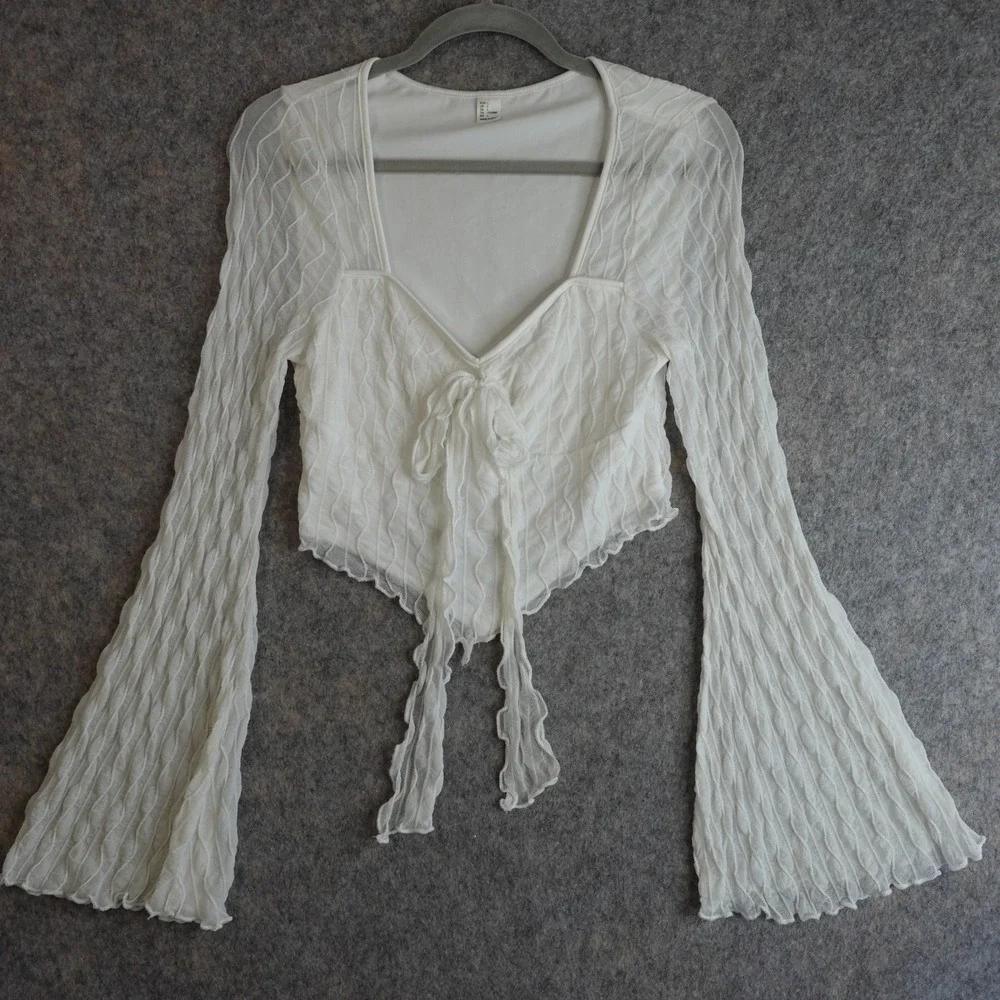 Y2K Ethereal Tie Front Bell Sleeve Crop Top L White Textured Sheer Mesh Fairy